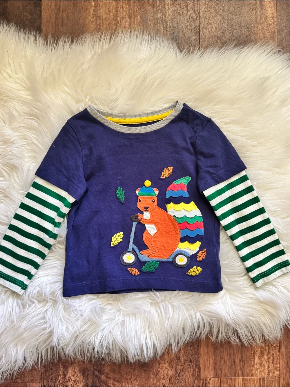 Mini Boden Blue Squirrel Appliqué Long Sleeve Shirt Baby Boy Size 12-18 Months